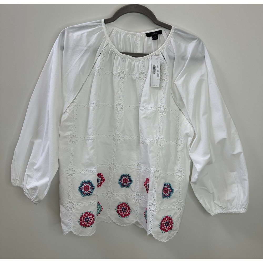 NWT J.Crew White Embroidered Floral Eyelet Blouse Puff Sleeve Top AM639 Medium - Picture 2 of 11